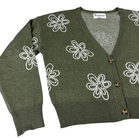 No Boundaries Women's Green Floral Knit V Neck Button-Up‎ Cardigan Y2K Boho Soft - Picture 2 of 10